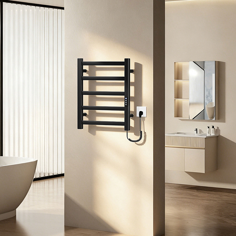 F57 Black Wall-Mounted Ladder-Style Heated Towel Rail